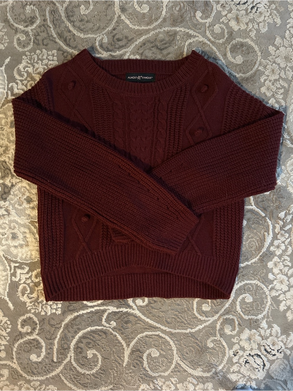 Almost Famous Deep Burgundy Cable Knit Crewneck Sweater